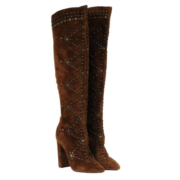 Saint Laurent Womens Ella Studded Knee Boots US 7 EU 37 Brown Suede - Picture 1 of 16